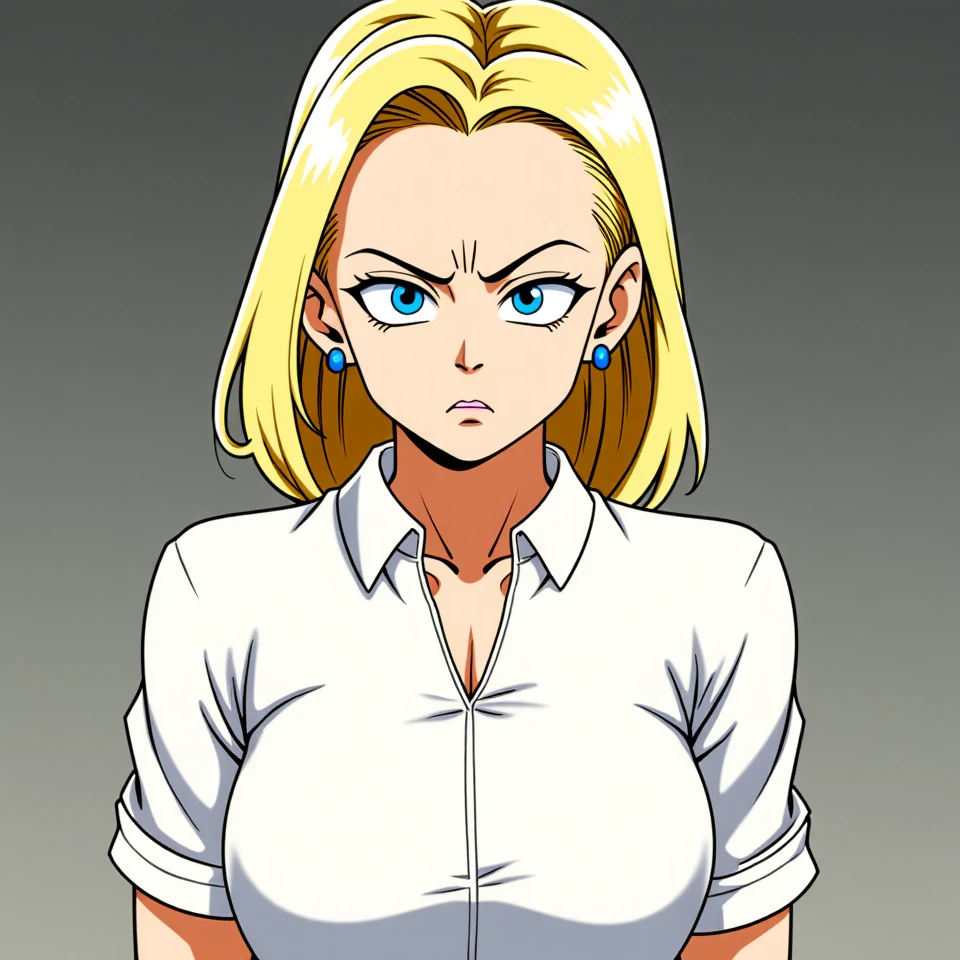 android 18 from dragon ball z,

from front, straight-on, 1girl, blonde hair, mature female, white shirt, earrings, annoyed expression