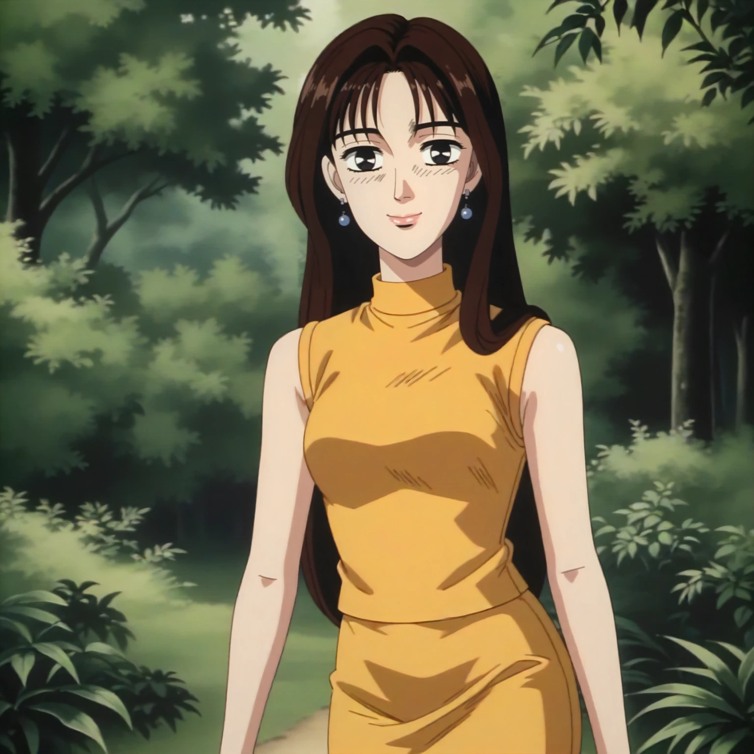 <lora:ID_MakoSatoXLpony001>,
outdoors,nature,
looking at viewer,smile,
solo,
MakoSato,1girl,brown hair,long hair,black eyes,
earrings,
yellow shirt,turtleneck,sleeveless,
pencil_skirt,
standing,