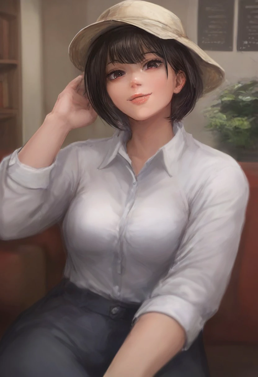 michemashu55 \(Artist\), miche \(Artist\), @michemashu55,michemashu55 \(Artist\), miche \(Artist\), @michemashu55, rating:safe, hat, shirt, looking_at_viewer, indoors, sitting, breasts, lips, white_shirt, short_hair, smile, bangs, black_hair, , solo_focus,