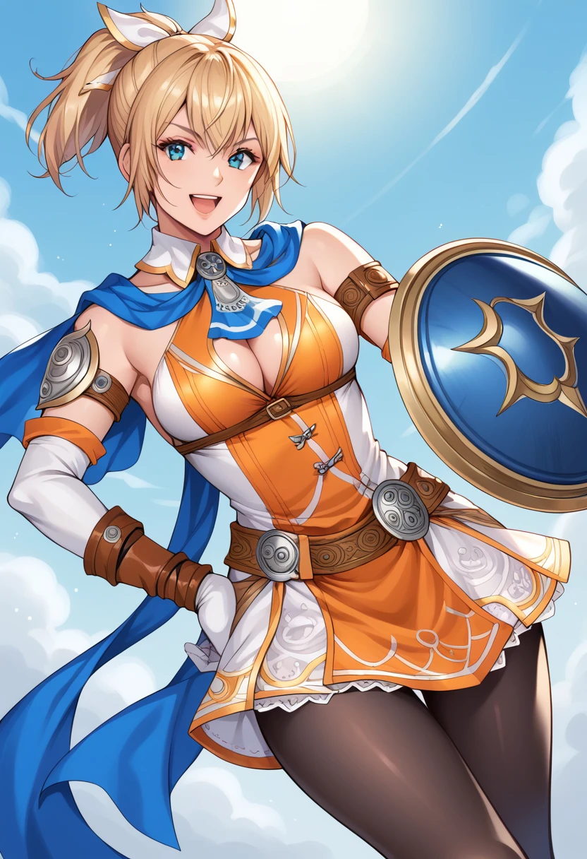 score_9, score_8_up, score_7_up, source_anime, BREAK <lora:SoulCaliburCassandra:0.9>,CassSoulCalibur, blonde hair,hair bow, short ponytail orange dress, cleavage cutout, blue scarf, bare shoulders, armlet, single pauldron, pantyhose, white elbow gloves, sky, smile, breasts, open mouth, looking at viewer, hand on own hip, holding sword, holding weapon, blue shield,