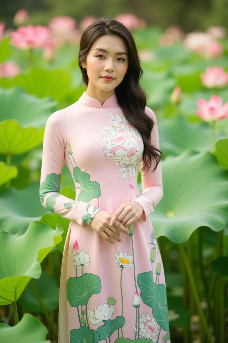 A Vietnamese girl stands elegantly in a lotus-themed ao dai, long sleeves, the delicate floral patterns flowing across the silky fabric in shades of soft pinks and whites. The lotus flowers, symbolizing purity and grace, are beautifully detailed on the dress, contrasting against the deep green leaves that run along the length of the ao dai. Her long, dark hair falls naturally down her back, and she holds a gentle, serene expression that radiates calm confidence. She is positioned in a tranquil garden surrounded by lush lotus ponds, with the flowers in full bloom. The soft, diffused light of the late afternoon bathes her in a warm, golden hue, enhancing the gentle, feminine atmosphere. The shot is captured from a medium angle, emphasizing the flow of the dress and the natural beauty of the setting. The overall mood is poetic and graceful, blending the symbolism of the lotus with the elegance of traditional Vietnamese culture.