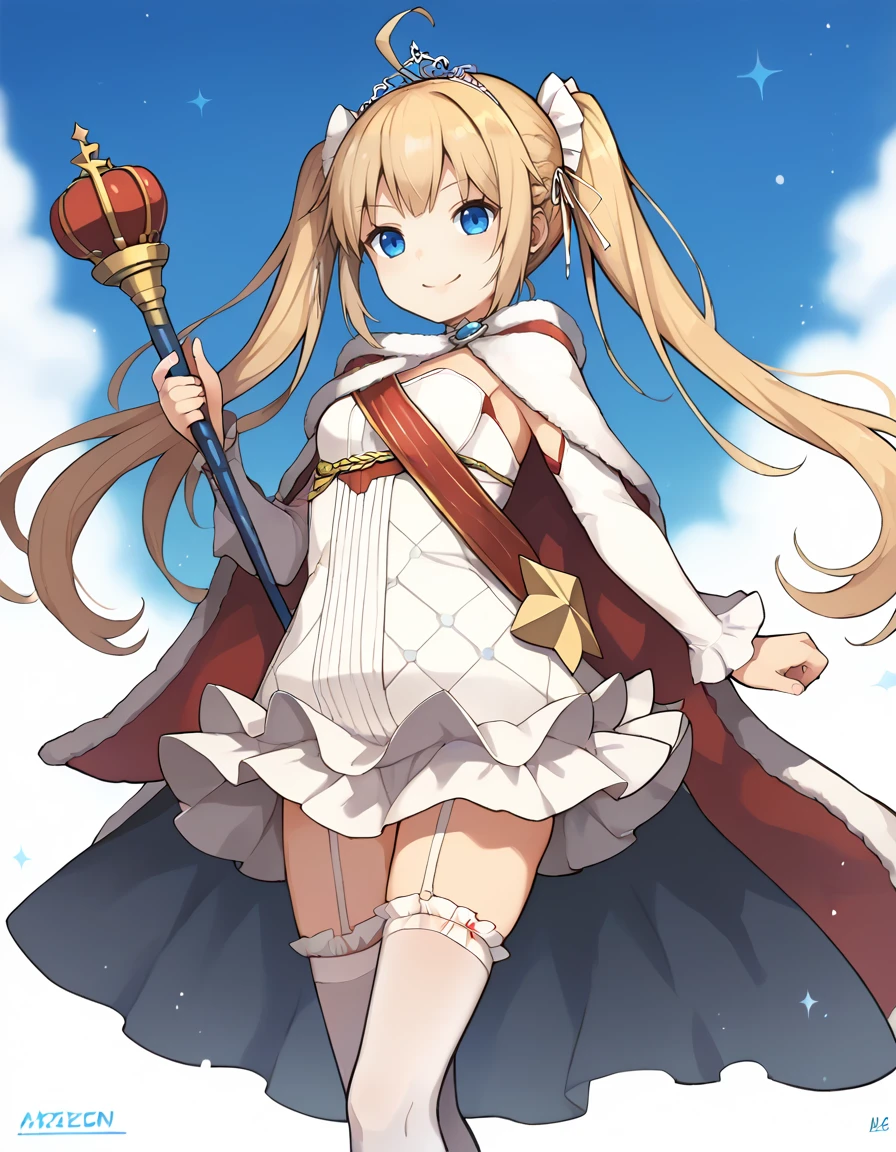 <lora:AzlaAmazon_SDXL_pony_fp16_ver07_168:1>,1girl,solo, AzlaAmazonANV, 1girl,twintails,white thighhighs, blue eyes, blonde hair,holding scepter, garter straps, fur-trimmed cape,white dress, ahoge,shoulder sash,, white hair bow,tiara,detached sleeves, smile,looking at viewer,, score_9, score_8_up, score_7_up, BREAK source_anime, rating_questionable, best quality, masterpiece, uncensored,<lora:pony_good_hands:1>,good_hands ,[pony diffusion V6 is trained by PurpleSmartAI:100]