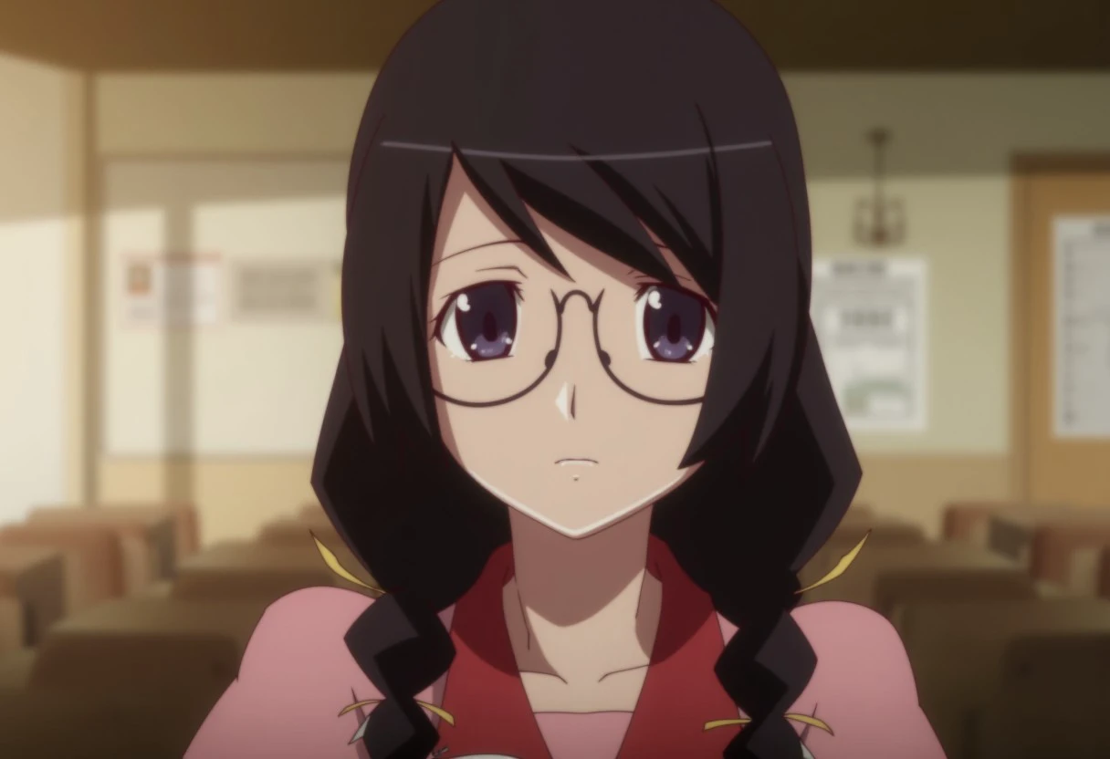 Hanekawa Tsubasa, a girl with round glasses, purple eyes, twin braids, and black hair, wearing Naoetsu High School uniform
She is looking at viewer, her eyes narrowed.
She stands in school classroom