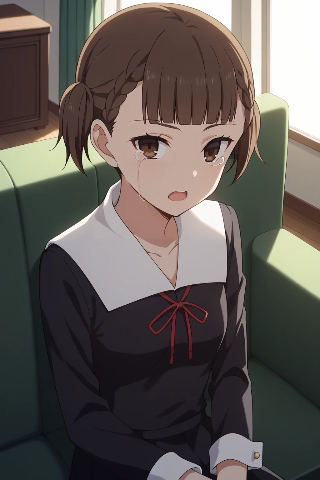 score_9, score_8_up, score_7_up, source_anime, 1girl, prefect lighting, very aesthetic, intricate details, highly detailed background, masterpiece, high quality, prefect hands, best quality, solo,
<lora:Maki_Shijou_Kaguya-sama_Love_Is_War_V1:.85>, KJOmaki, brown hair, brown eyes, blunt bangs, short twintails,
black school uniform,
crying with eyes open, watery eyes, from above, looking at viewer, open mouth, sitting on couch,
living room, sunset,
(Beautiful, small Breasts:1.2), natural breasts,