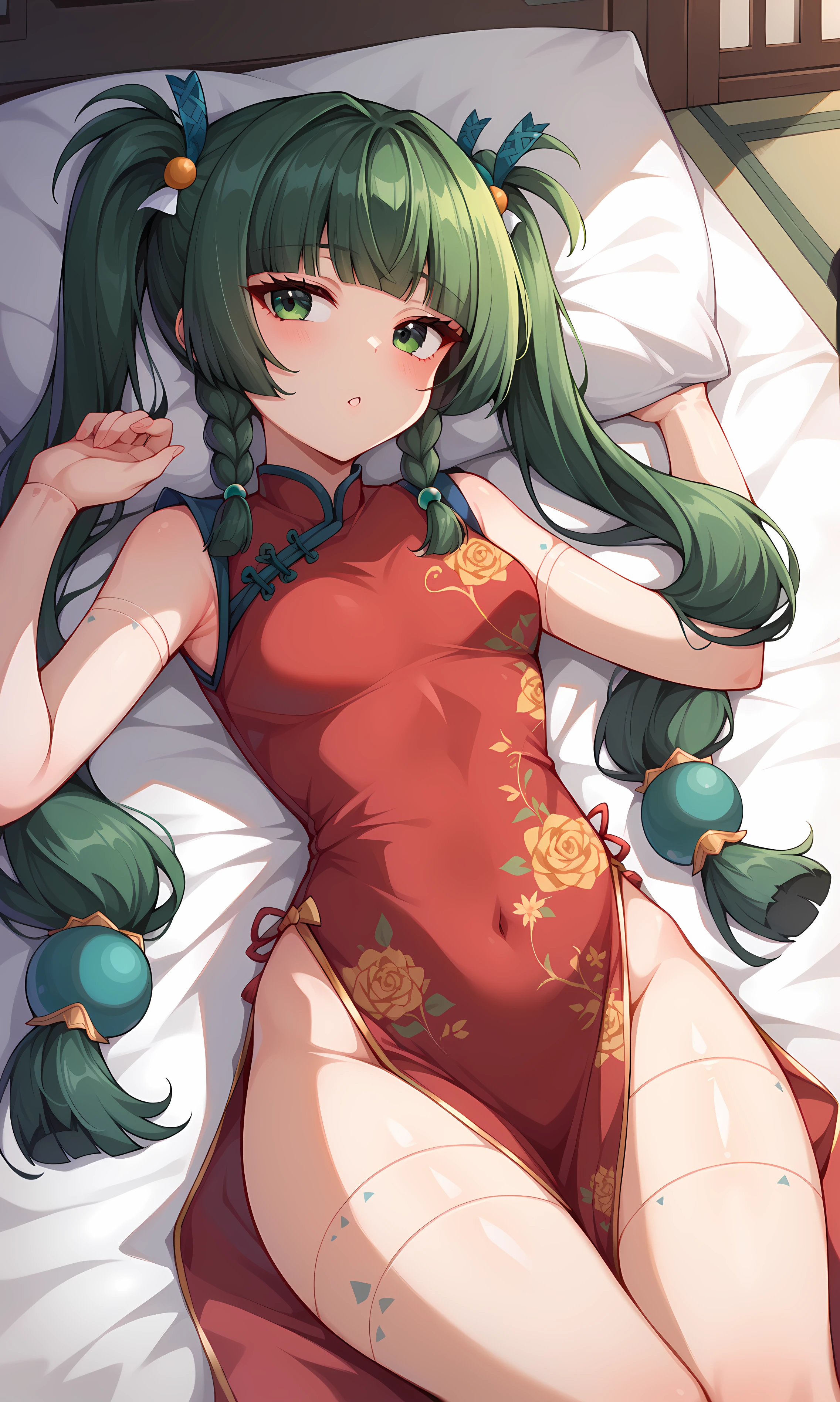 score_9, score_8_up, score_7_up, BREAK source_anime, 1girl, solo, indoors, cowboy shot, looking to the side, qingyi, green eyes, green hair, very long hair, twintails, blunt bangs, hair bobbles, side braids, hair ornament, robot joints, china dress, red dress, floral print, sleveless, lying, on back, pelvic curtain