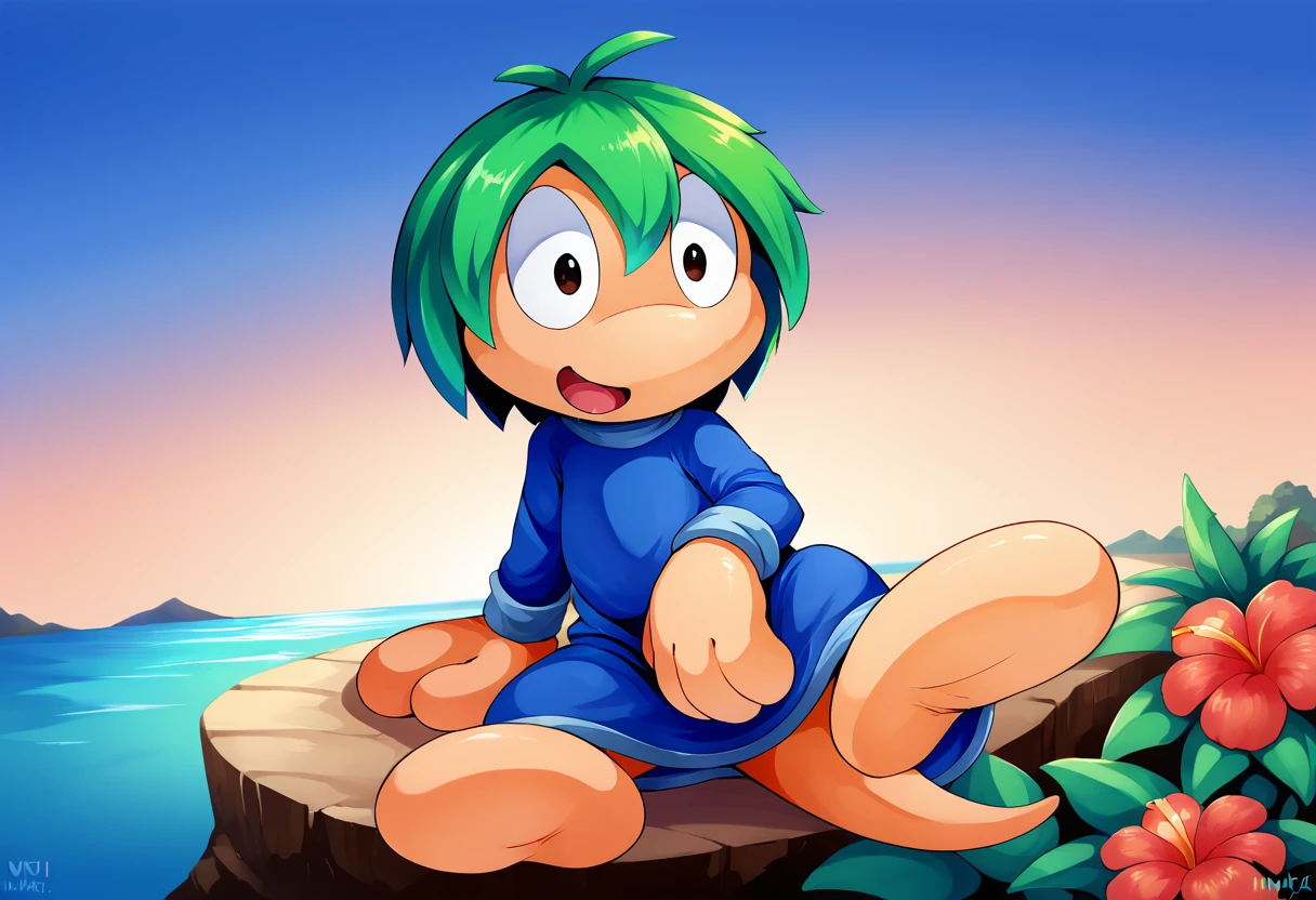 score_9, score_8_up, score_7_up, 1boy, by nurinaki, 
Lemming, Green Hair, Toony Feet, Blob Feet, Mitten Hands, Tail, Large eyes, blue robe,

Tropical paradise at dusk, bold and colorful beach scene, in the background, integrate layers of tropical flora with exaggerated proportions and bright, warm colors, such as oversized hibiscus flowers and banana leaves rendered in a playful, almost comic-book style.

Use sharp lines and contrasting colors to emphasize the pop art style and incorporate halftone patterns to give it that classic pop art texture