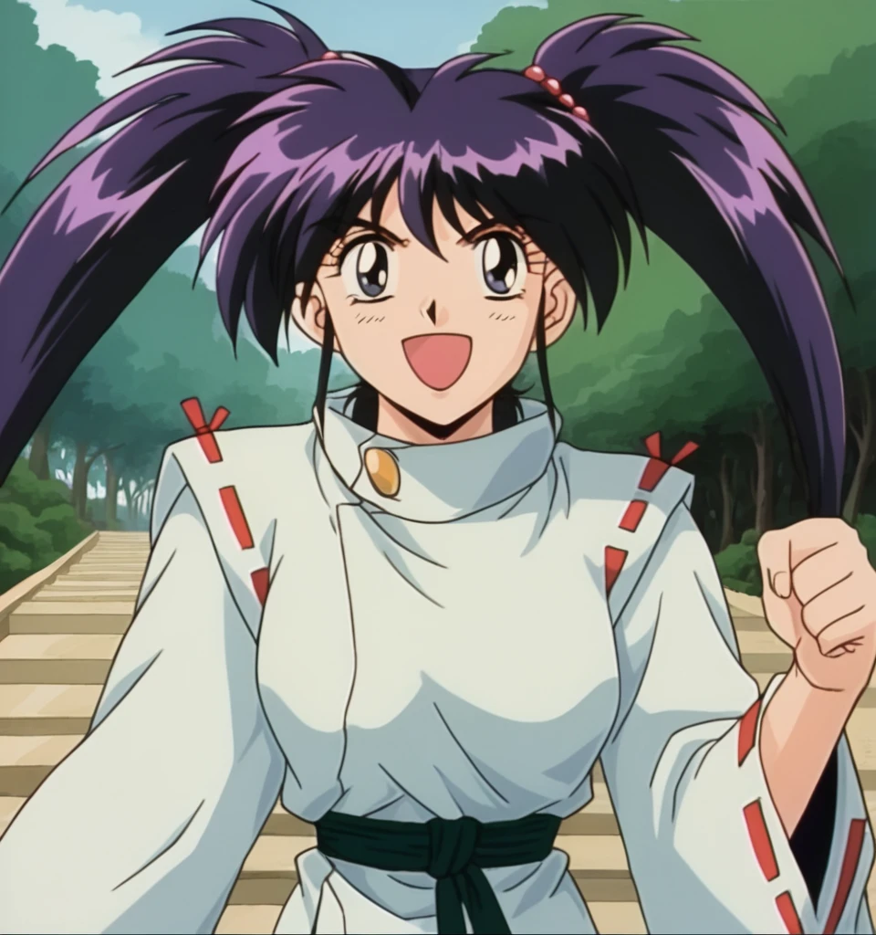 source_anime, retro, from below, close up, 1girl, solo, standing, crossed arms, Chery , dark purple hair, bangs, twintails, long hair, dark blue eyes, medium breast, jewelry, gold bracelet, red pearls hair tie, ribbon-trimmed sleeves, green belt, white long japanese clothes ,
japanese mountain, stairs, trees, outdoors, day time
confident smile, looking at viewer, nsfw, ecchi, uncesored