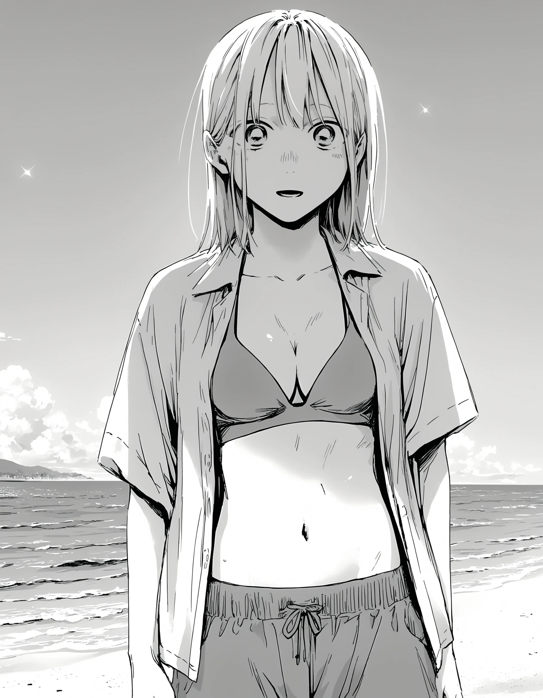 score_9, score_8_up, score_7_up, monochrome
BREAK 1girl, solo, <lora:ChinatsuXL-v2:1>, chinatsu, open shirt, bikini top only, cleavage, navel, gym shorts, beach