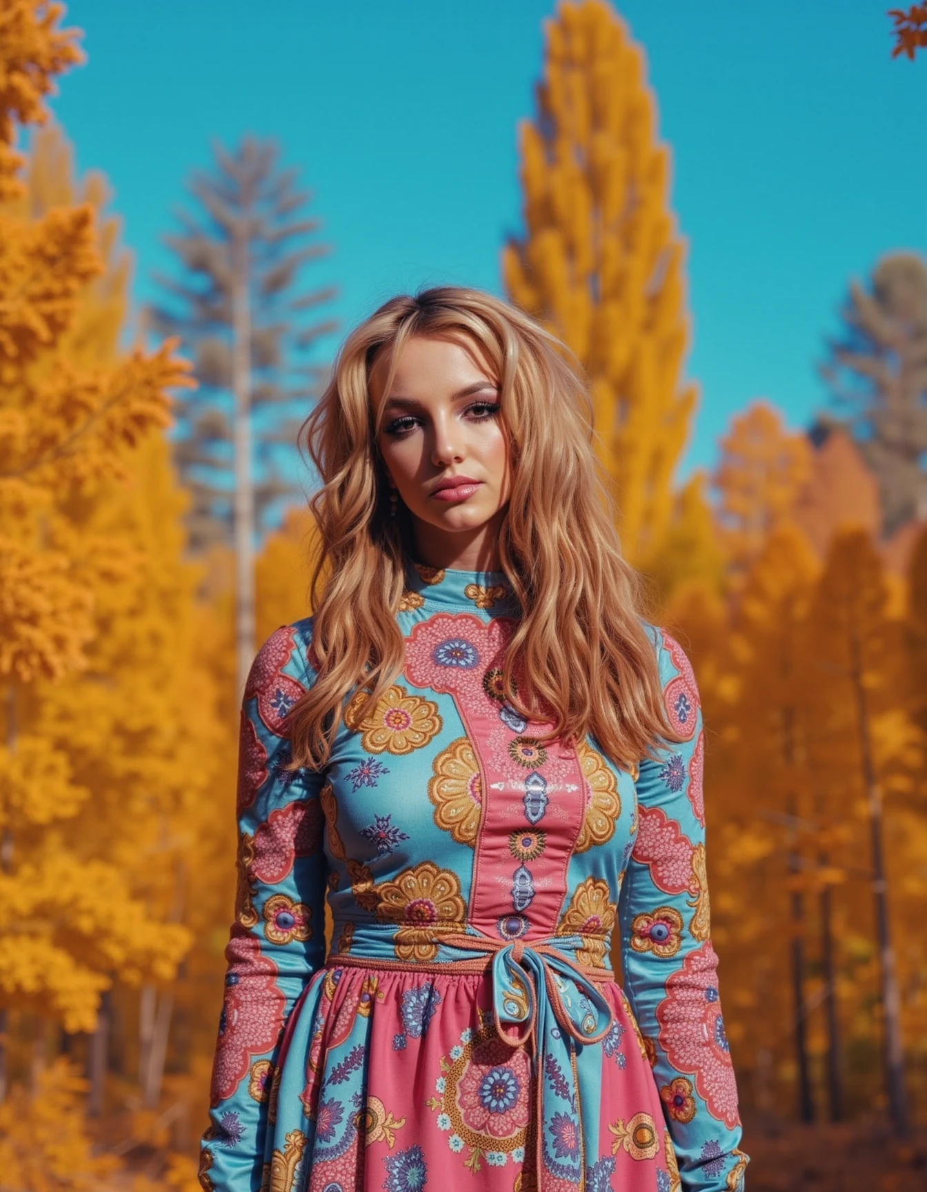 infrared photo a beautiful woman britney spears standing in the forest, wearing a dress patterned in the style of colorful muqarnas ceiling. surreal colors, high contrast, detailed, experimental, realistic <lora:britney_spears_flux_lora_v1:1>