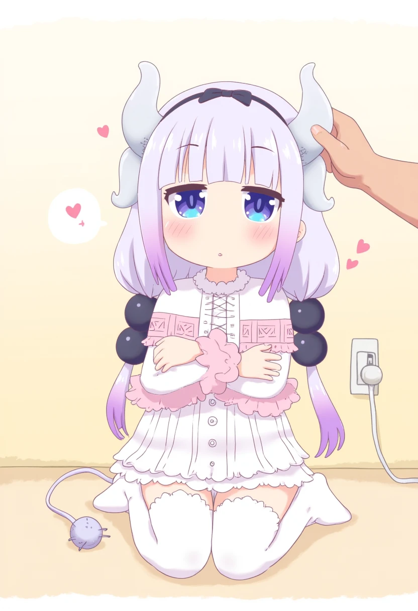 kanna kamui, 1girl, beads, black bow, black hairband, blouse, blue eyes, blunt bangs, blush, bow, buttons, capelet, child, closed mouth, dot nose, dragon girl, dragon horns, dress, electric plug, electrical outlet, eyebrows, feet, female focus, frilled capelet, frills, hair beads, hair bow, hair ornament, hairband, hand on another's head, head pat, head tilt, headpat, heart, horns, long hair, long sleeves, looking at viewer, low twintails, miniskirt, no shoes, polka dot, purple hair, shirt, sitting, skirt, slit pupils, solo focus, spoken heart, squatting, tail, thighhighs, twintails, white thighhighs

This is a digital anime-style illustration featuring a young girl with light purple hair and large, expressive blue eyes. She has a small, delicate frame and a shy, blushing expression. Her hair is styled with long, straight bangs and two large, white horns protruding from her head. She is wearing a white, frilly dress with red and purple accents, including a corset-like bodice with a red ribbon and a matching skirt. Her arms are crossed over her chest, and she is sitting on the floor with her knees drawn up to her chest. 

A large, brown hand is gently touching her shoulder, adding a sense of comfort and care. The background is a simple, pale yellow wall, suggesting an indoor setting. There are small, pink heart symbols floating near her head, indicating affection or love. The overall color palette is soft and pastel, contributing to the cute and innocent aesthetic of the illustration.