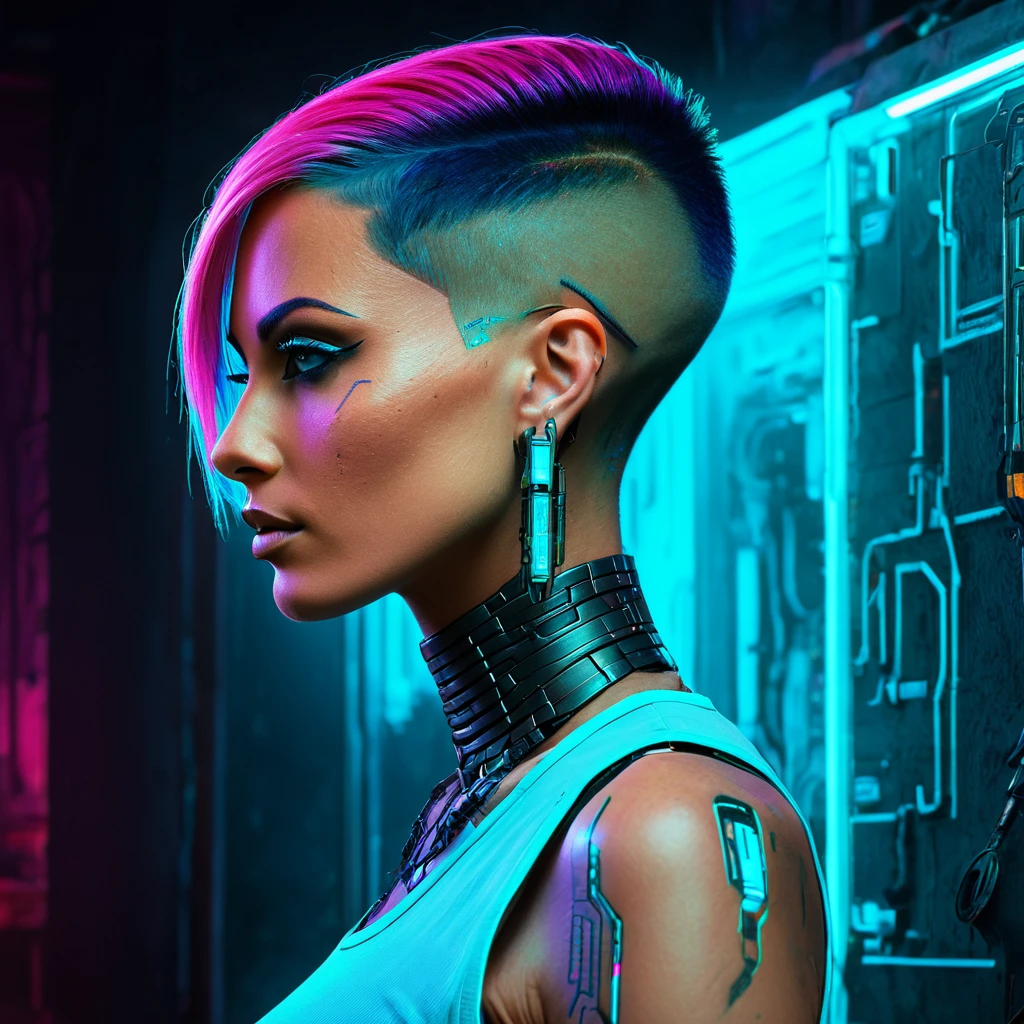 (masterpiece, best quality, highly detailed, realistic),cinematic lighting, cyan and pink lighting, source_western, illustration 2.5d, cyberpunk illustration, profile portrait of nefertiti as a cyberpunk girl, side view, multicolored neon hair, short bob hair, looking at the viewer, neon makeup, cyberware on skin, short tank top shirt, close up, (((night city background)))
<lora:Nefertiti SDXL:.4>