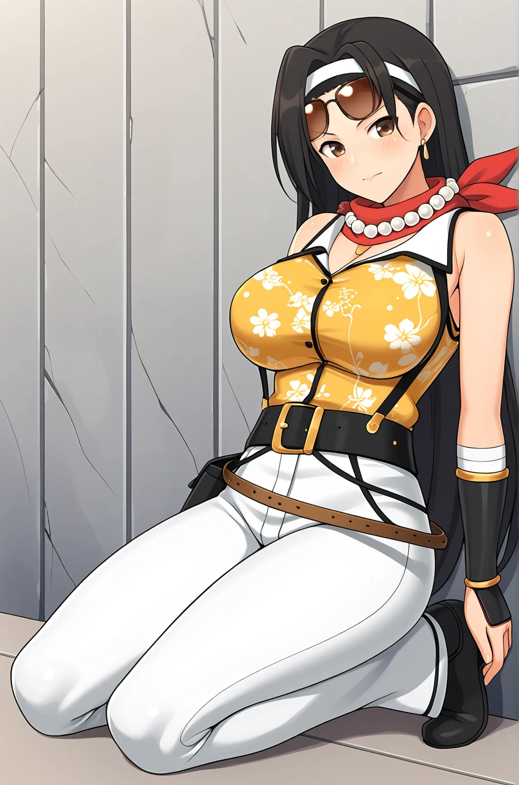 anime artwork, score_9, score_8_up, score_7_up, source_anime, BREAK, thick outline, fat outline,
Jasmine XL, brown eyes, long black hair, headband, sunglasses on forehead, hoop earrings, red scarf, large breasts, BREAK, Jasmine_shinobi, bead necklace, yellow tank top, sleeveless, suspenders, forearm guards, massive black belt, brown belts, white pants, BREAK, outdoors, kneeling, sideview,
<lora:Jasmine_XL:0.7>
<lora:PersonalAmi_PonyXL:0.5>