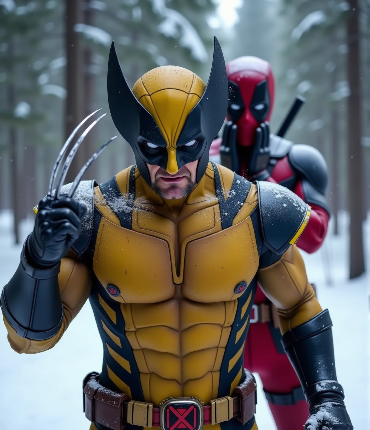 ashirtless wolverine with a mask is ready top fight, claws out, in the snow, canadian forest background. Deadpool in the background is scared and holding his face  <lora:Wolverine:0.8>