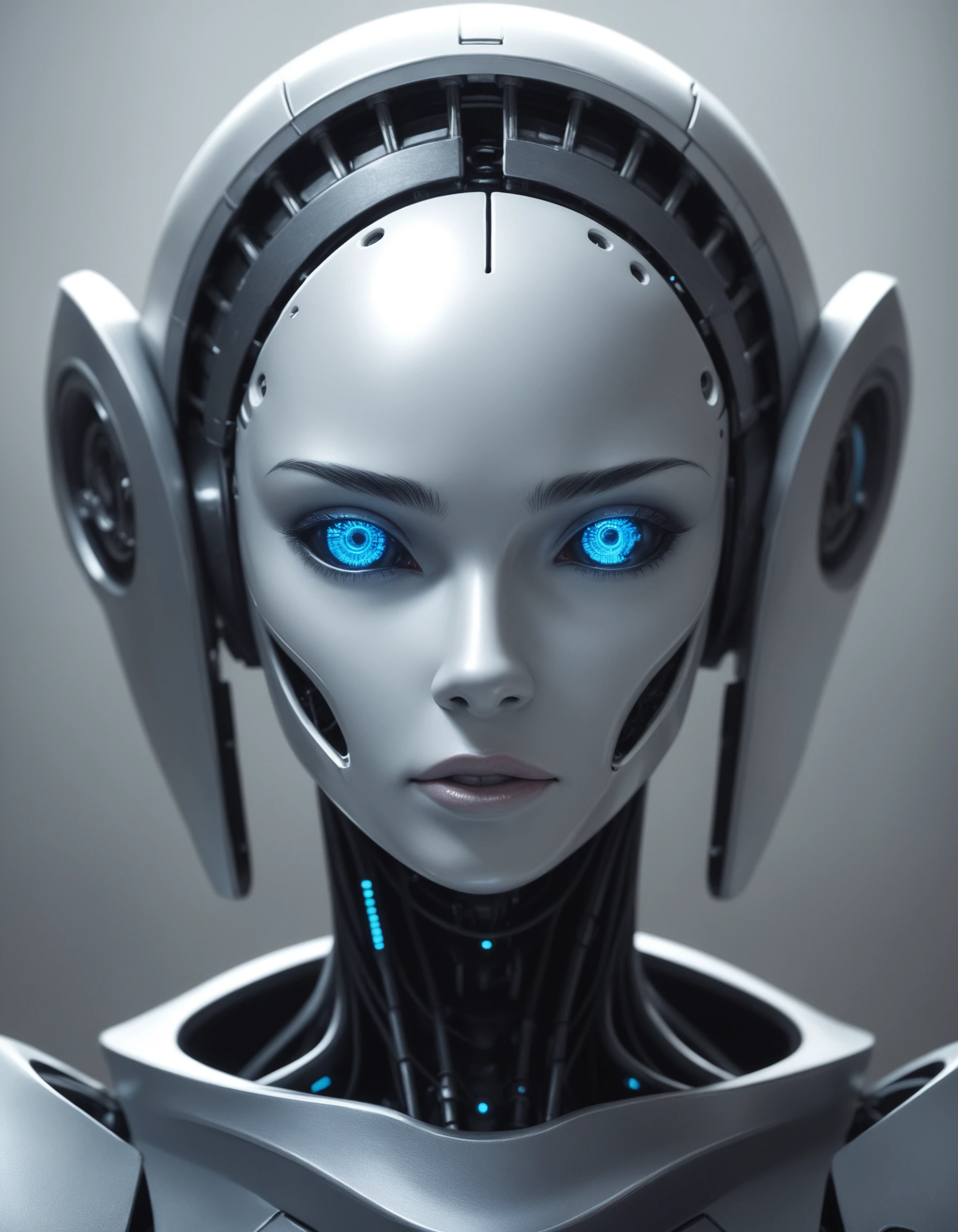 Close-up hyper-realistic digital illustration, (Humanoid robot with striking blue eyes:1.3), Centered composition, Smooth silver metallic texture, Polished finish, (Intricate mechanical face details:1.2), Advanced technology in neck, Circular gears, Wires subtly visible, Softly blurred industrial interior, Dark tones enhancing contrast, (Soft diffused lighting:1.2), Highlighted features, Dramatic atmosphere, Cool silver and blue palette, score_9, score_8_up, score_7_up, score_6_up, score_5_up, score_4_up,