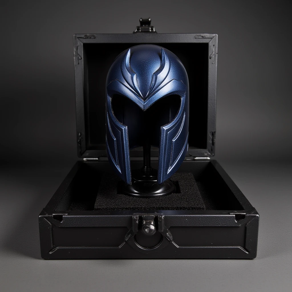 a photo of Magneto helmet in a case <lora:Magneto:0.9>