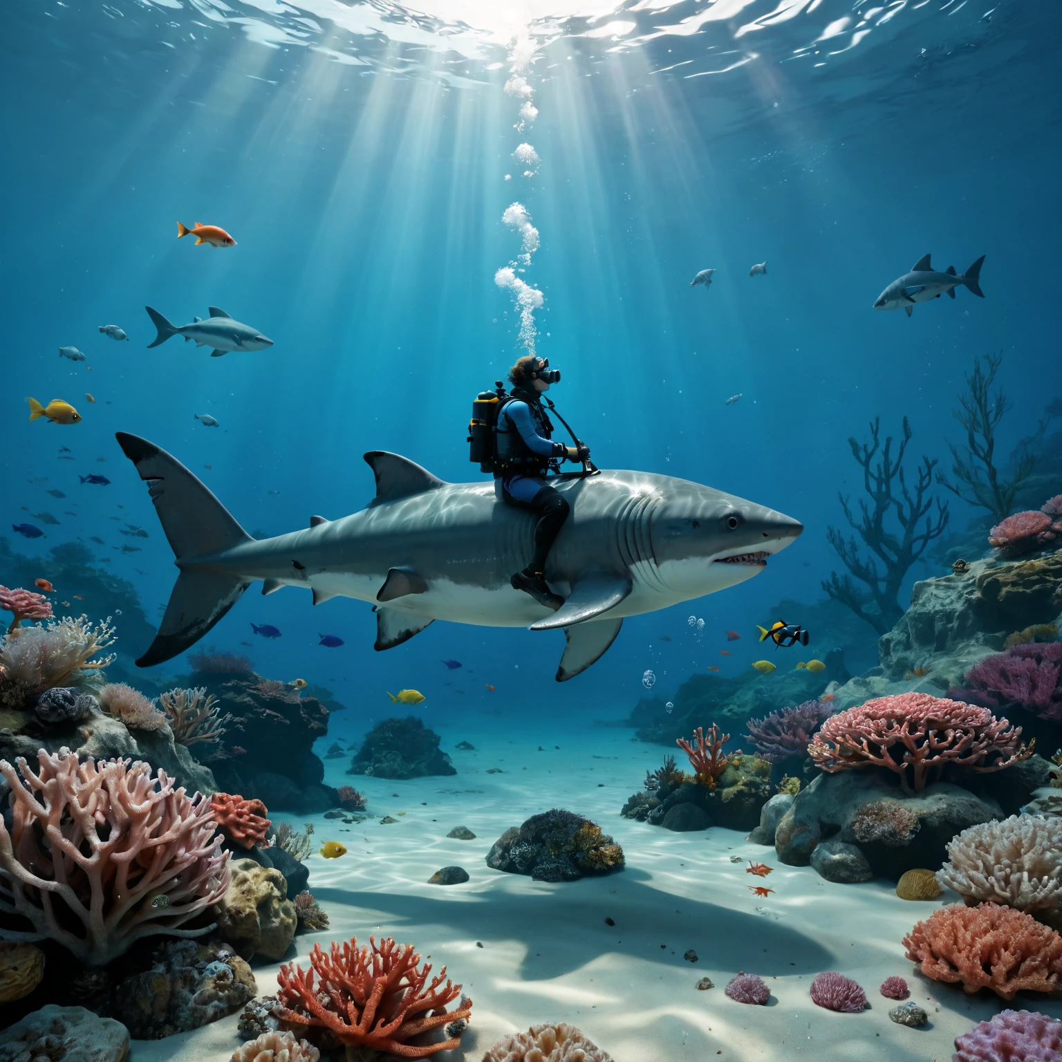 underwater, 1boy, scuba diver, scuba gear, sharks, coral, sand, fish, <lora:The_Deep_Dark_Ocean-SD1.5PonySDXLFlux:0.5>, deepdarkocean, BREAK score_9, score_8_up, score_7_up, best quality, masterpiece, 4k, prefect lighting, very aesthetic, zPDXL2