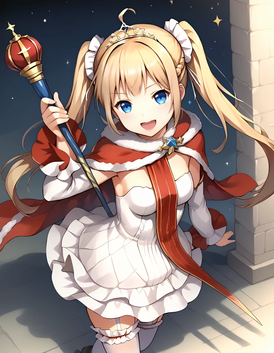 <lora:AzlaAmazon_SDXL_pony_fp16_ver07_168:1>,1girl,solo, AzlaAmazonANV, 1girl,twintails,white thighhighs, blue eyes, blonde hair,holding scepter, garter straps, fur-trimmed cape,white dress, ahoge,shoulder sash,, white hair bow,tiara,detached sleeves, smile,open mouth, from above, looking at viewer,sparkle,, score_9, score_8_up, score_7_up, BREAK source_anime, rating_questionable, best quality, masterpiece, uncensored,<lora:pony_good_hands:1>,good_hands ,[pony diffusion V6 is trained by PurpleSmartAI:100]