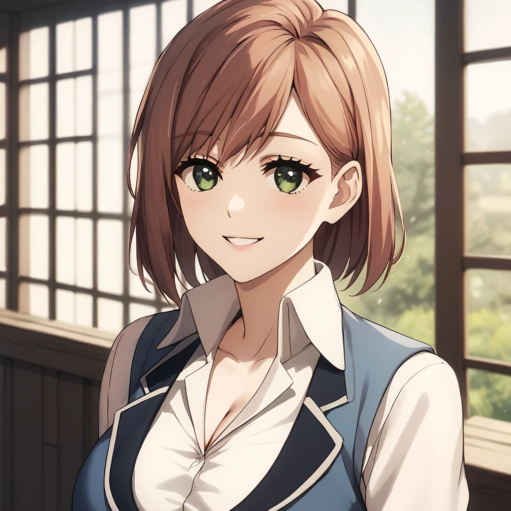 alisa_granger, short hair, brunette hair, bangs, large breasts, white collar shirt, blue vest, cleavage, cowboy shot,  seductive smile<lora:XL-AlisaGranger:1>, score_9, score_8_up, score_7_up, score_6_up, source_anime,