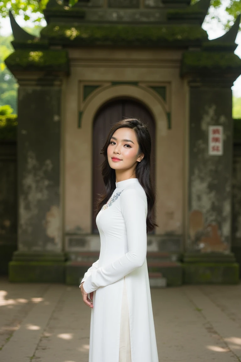 A Vietnamese girl stands with poised elegance in a traditional white ao dai, the fitted, flowing dress accentuating her graceful silhouette. Her long, jet-black hair cascades over her shoulders, contrasting beautifully against the crisp purity of her outfit. She is positioned in front of an old, moss-covered temple, where the rustic, weathered walls evoke a sense of cultural heritage and timeless beauty. The soft morning light filters through leafy trees, casting dappled shadows that dance on the ground and create a serene, tranquil ambiance. Her expression is calm and contemplative, with a subtle smile hinting at inner peace. The shot is taken from a three-quarter angle, highlighting both her elegant form and the rich textures of the traditional setting. The mood is serene and dignified, capturing the harmony between her delicate beauty and the cultural depth of her surroundings.