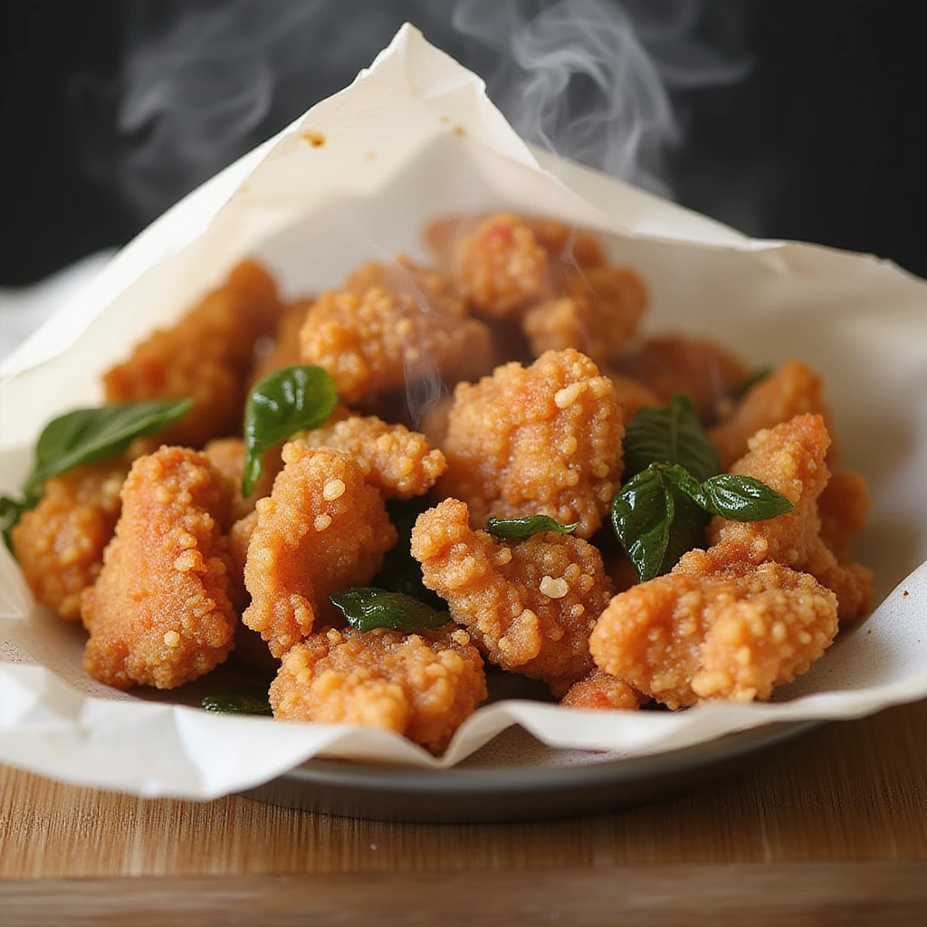 Steaming paper white bag of Taiwanese salt and pepper chicken. Golden, crispy bite-sized pieces glistening with oil. Aromatic mix of five-spice powder, white pepper, and garlic wafting up. Scattered bright green flecks of Thai basil leaves,twgensouge