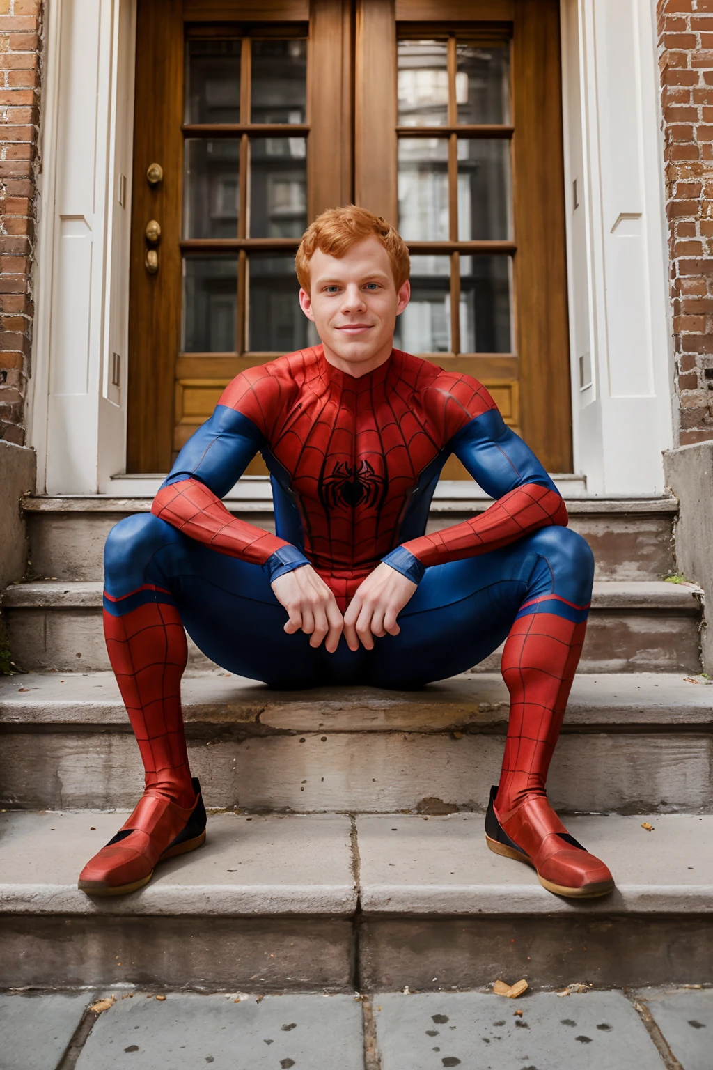 Brooklyn brownstone row house, sitting on fire escape, slight smile, ginger hair, CFMatt, wearing a  spiderman suit, (((full body portrait))), wide angle,  <lora:Spider Suit:0.8>  <lora:CFMatt:0.8>