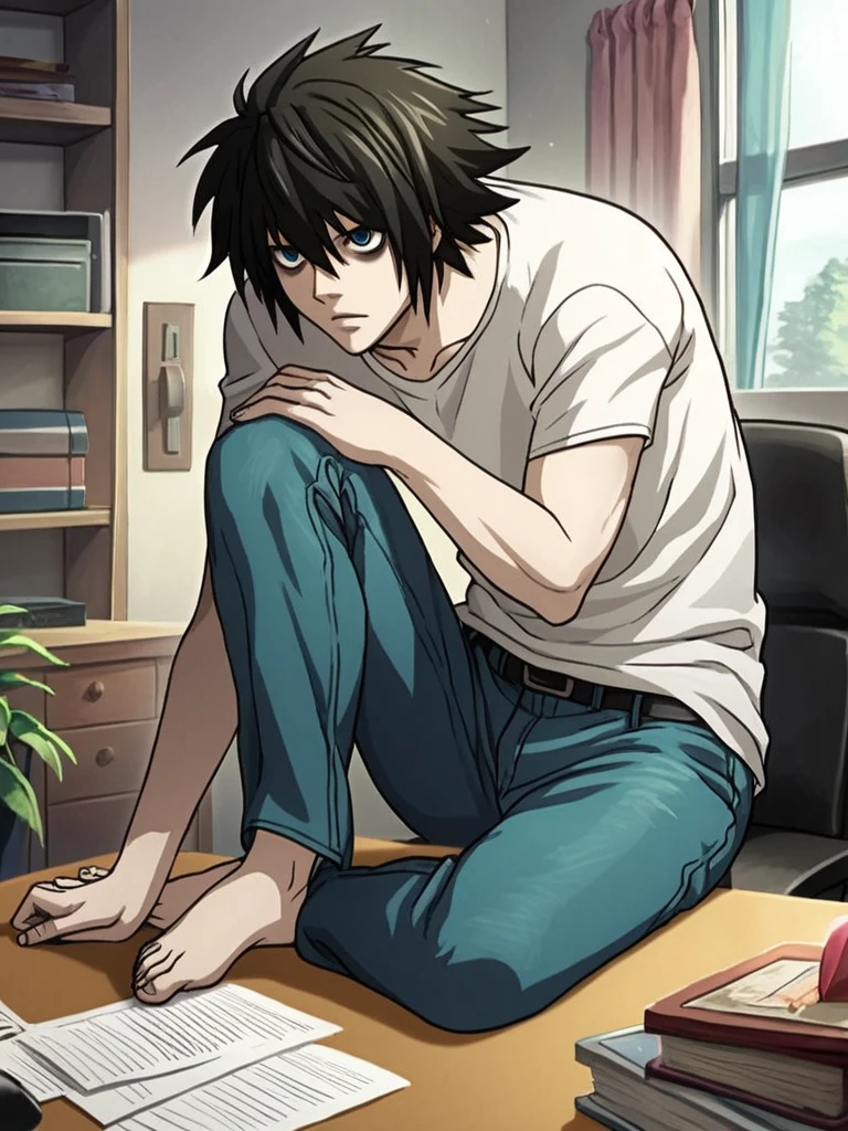 score_9, score_8_up, score_7_up, 
l lawliet, a man sitting on office chair, leg up, pale skin, bags under eyes,  long jeans, black hair, barefoot 
   <lora:deathnote_pony_v1:0.95>