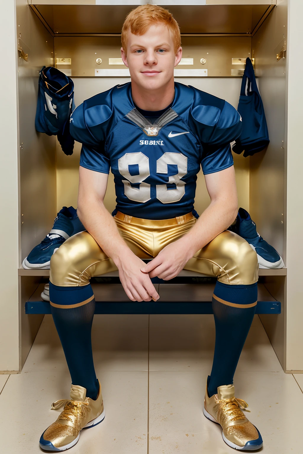 locker room, sitting on a bench, in front of lockers, slightly smiling, ginger hair, CFMatt is an (American football player), wearing (football uniform:1.3), (blue jersey:1.3), blue (shoulder pads), jersey number 3, (pale gold football pants:1.4), (blue socks:1.3), long socks, (black sneakers:1.3), (((full body portrait))), wide angle   <lora:CFMatt:0.8>