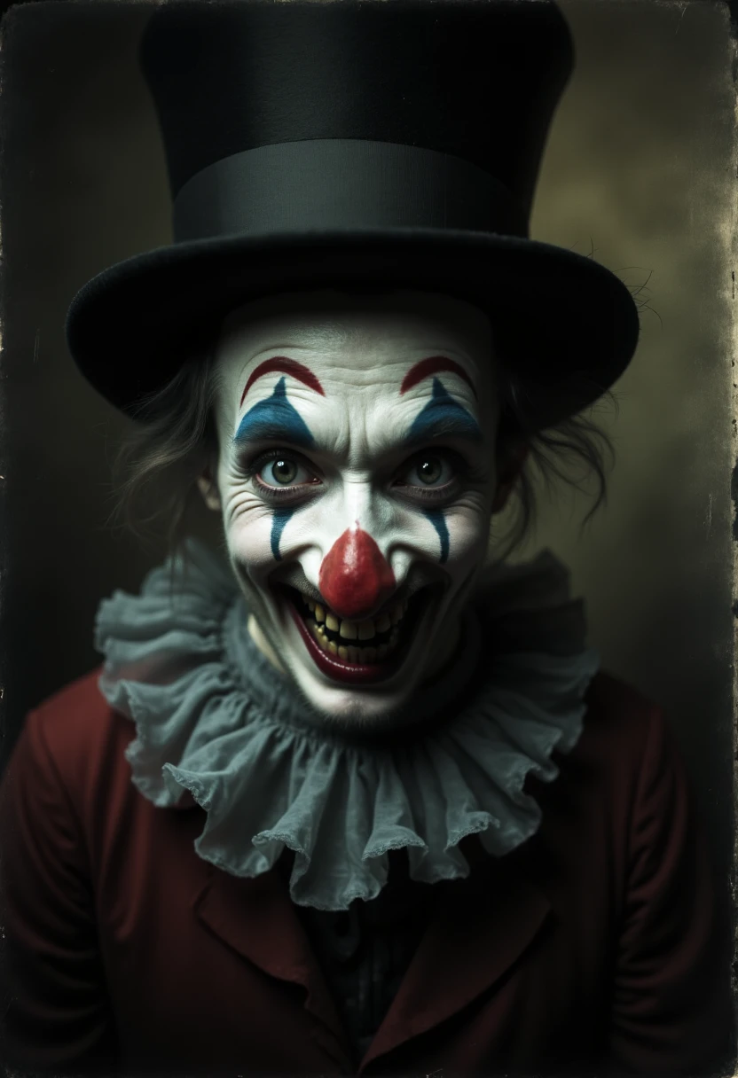 grainy, film grain,  (old photo:1.1), blurry, distorted, photographic,  dark, sinister,  dark, chiaroscuro, low-key, photograph, cinematic, (a closeup portrait of a clown:1.2), colorful