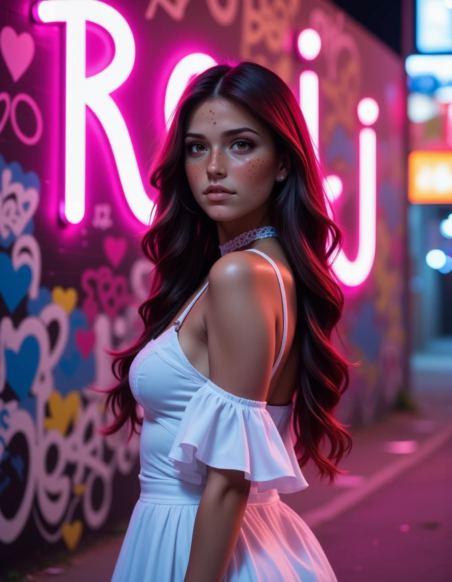 1woman is dllj02,soft freckles, long hair, (graffiti street style with letters "Reij":1.4), <lora:FLUX_Dolleij02-000009:1>, wearing a white ruffled dress,infront a wall, neon light