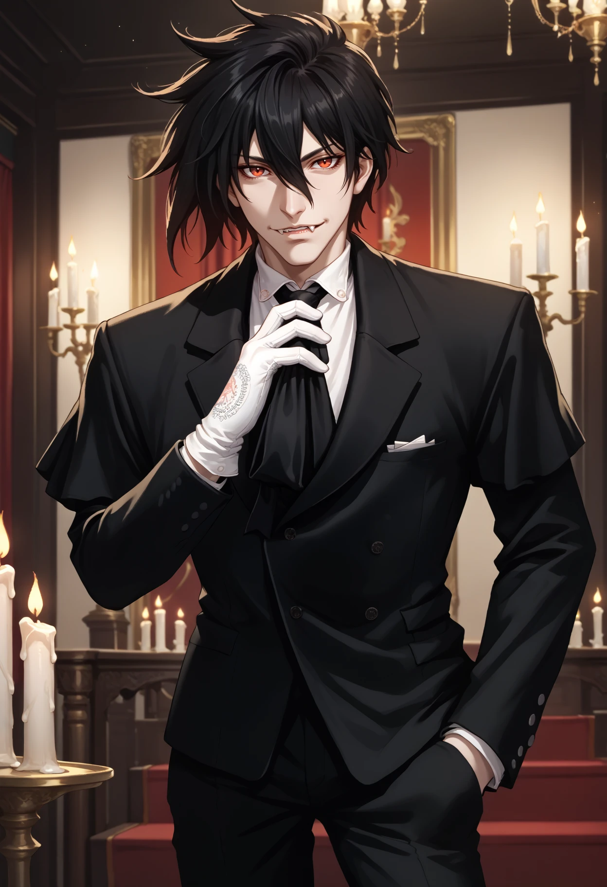 score_9, score_8_up, score_7_up, source_anime, 1boy, cowboy shot, looking at viewer, parted lips, fangs, adjusting necktie, hand in pocket, <lora:AlucardHS-pdxl:1> aluHS, black hair, red eyes, hair between eyes, tuxedo, white gloves, indoors, candle, night