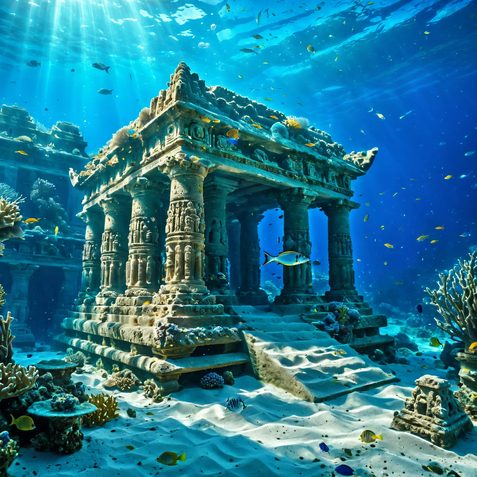 underwater, sunken ancient temple, sand, coral, fish, best quality, masterpiece, 4k, uncensored, prefect lighting, rating_explicit, very aesthetic, detailed, <lora:add_details_xl:0.6>, very detailed, <lora:SDXLHighDetail_v5:0.6>