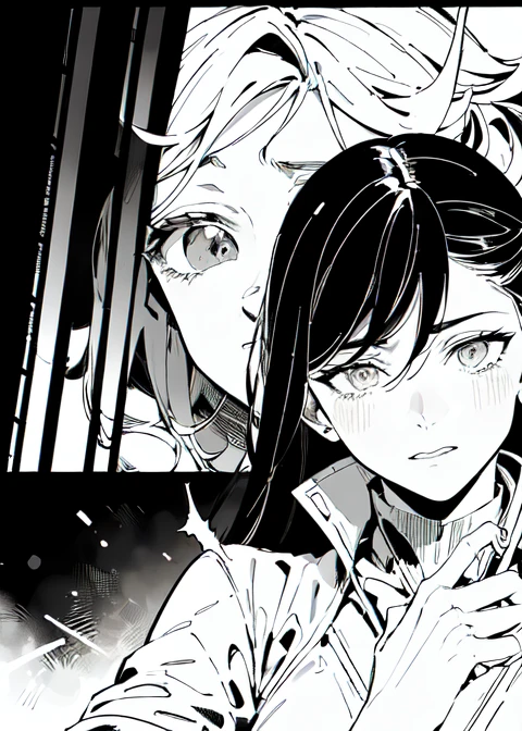 masterpiece,comic,((manga)),((black and white)),white background,lines,((line art)),((monochrome)), ((greyscale)), high contrast, ( 2girls) ,facing another,<lora:Manga:0.9>