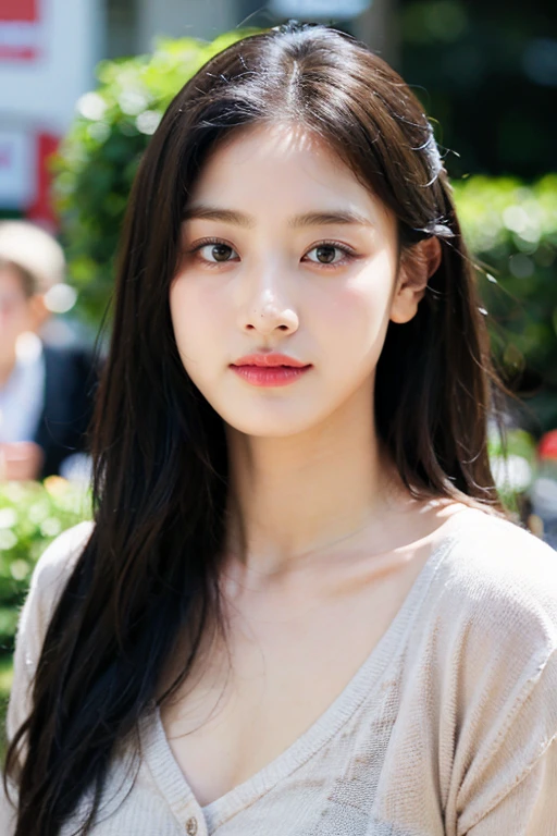 masterpiece, best quality, ultra-detailed, ultra high res, (photorealistic:1.4), raw photo, (realistic:0.2), 8k HDR, realistic lighting, looking at viewer, 1girl, solo, asymmetrical hair, outdoor, (traditional market:1.2), (day), bokeh, (detailed lips), (detailed pores), (detailed skin textures), (detailed face:1.2), (body:1.2), a woman in a cardigan, cowboy shot,