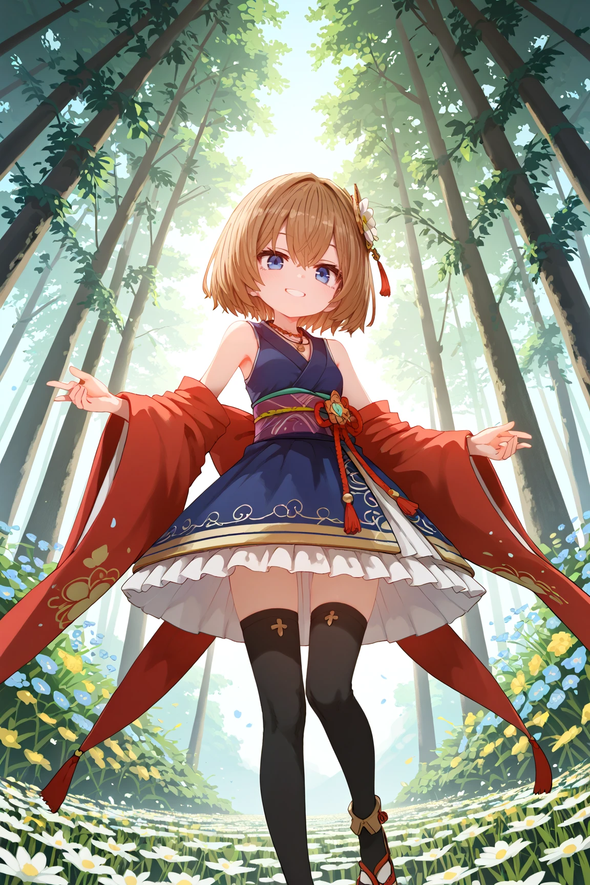 <lora:add-detail-xl:1>, (score_9_up), score_8_up, score_7_up,score_6_up, (masterpiece, intricate details, top quality, best quality, illustration, beautiful and aesthetic:1.2), extremely detailed, surreal, scenic, 1girl, cinematic lighting, original, <lora:sumiyao+PDXL2-000010:1> sumiyao+, hazel hair, short hair, hair between eyes, blue eyes, kimono, obi, black thighhighs, sleeveless, short boots, necklace, smirk, dancing, from below, flower field, flowers, dusk