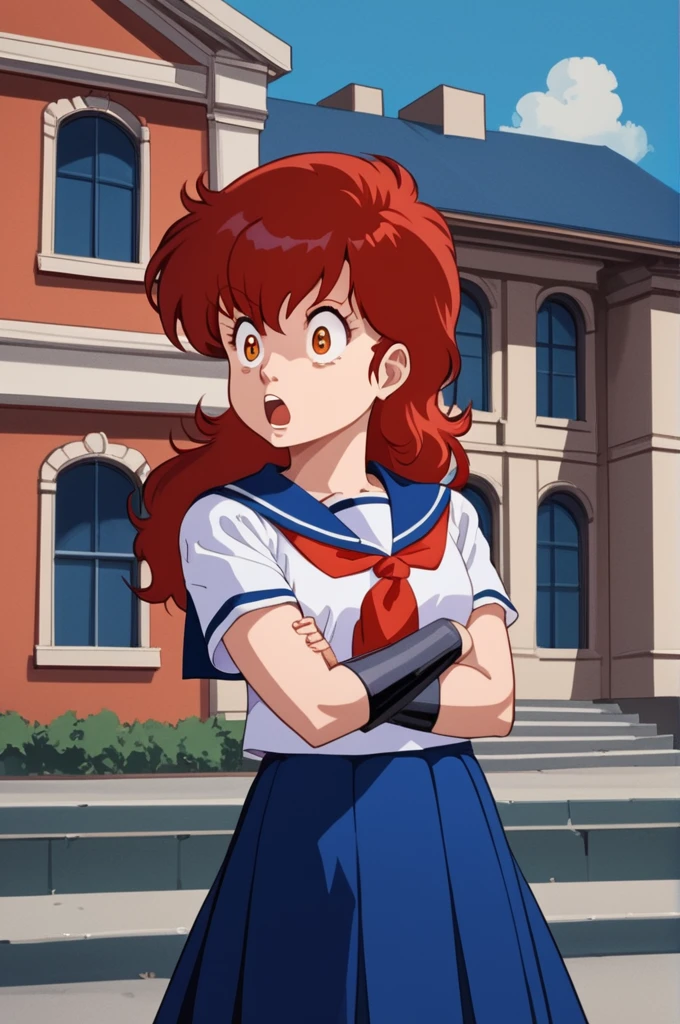 pr0j3ct4K0, score_8_up, score_7_up, source_manga, rating_safe, AKO, girl, orange eyes, long messy hair, red hair, shocked expression, school uniform, black bracers, blue skirt, upper body, school building background, <lora:Project_A-KO_-_1986_OVA_-_Pony:0.9>