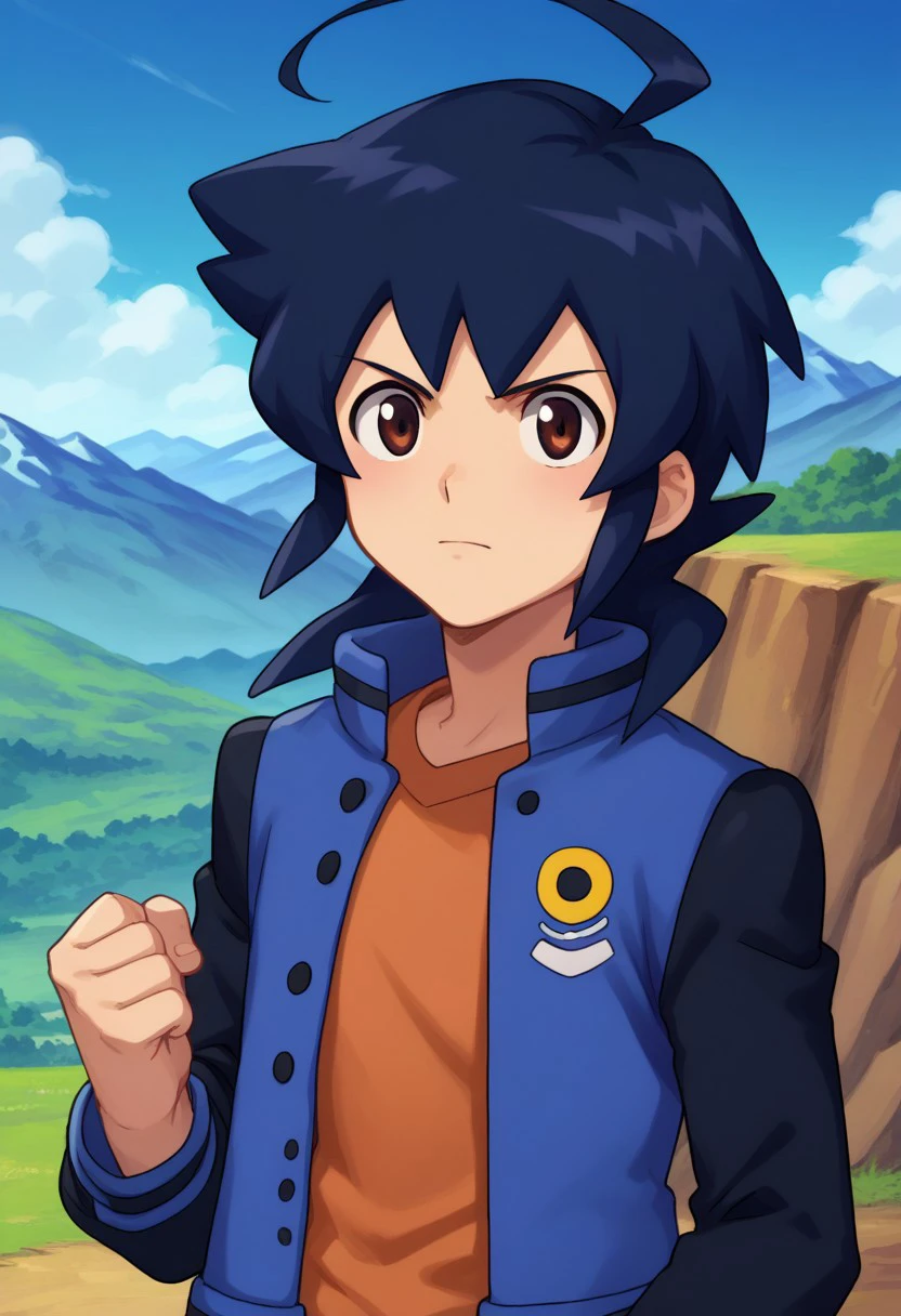 score_9, score_8_up, score_7_up, source_anime, highly detailed,
oozora, 1boy, male focus, brown eyes, solo, jacket, ahoge, orange shirt, blue hair, clenched hand, open clothes,
mountain, open jacket, upper body, blue hair, blue jacket,