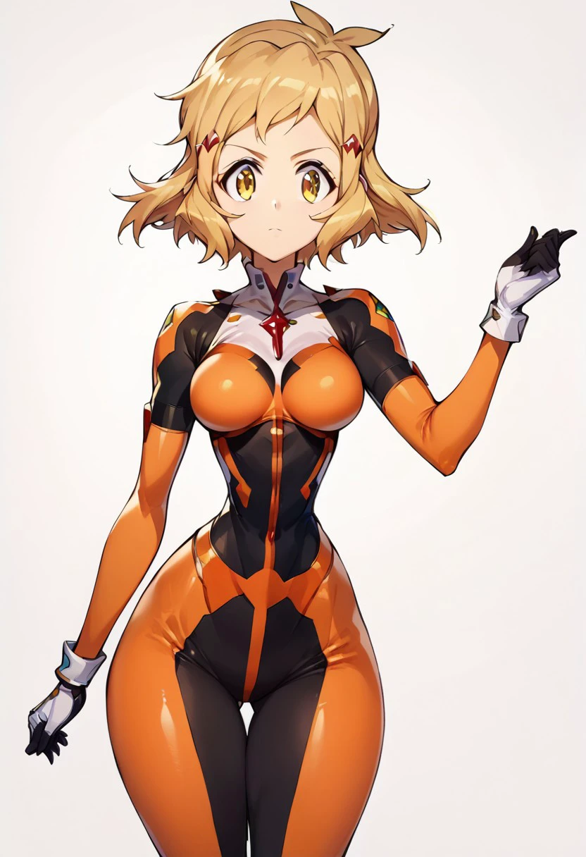 score_9, score_8_up, score_7_up, masterpiece, best quality, White background, solo, (very beautiful eyes, big thighs, thin waist, medium breasts), 1girl, solo, Hibiki Tachibana (Season 01), Blonde hair, yellow eyes, short hair , SpaceSuit, Bodysuit, Gloves, sexy pose