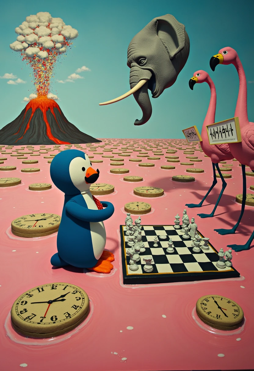 A surreal, Salvador Dali-esque dreamscape where the blue toy penguin, now sporting a magnificent handlebar mustache and a safari suit made of melting clocks, engages in an intense game of chess with a shape-shifting chimera. The chessboard floats on a sea of strawberry milk, surrounded by islands made of oversized, half-eaten animal crackers. In the distance, a volcano erupts with multicolored confetti, while the sky rains fish sticks. Flamingos with giraffe-print necks and elephant trunks serve as the penguin's cheering squad, holding signs with nonsensical equations. The entire scene is painted in bold, psychedelic colors with impossible perspectives and distorted proportions, capturing the essence of a fever dream adventure.