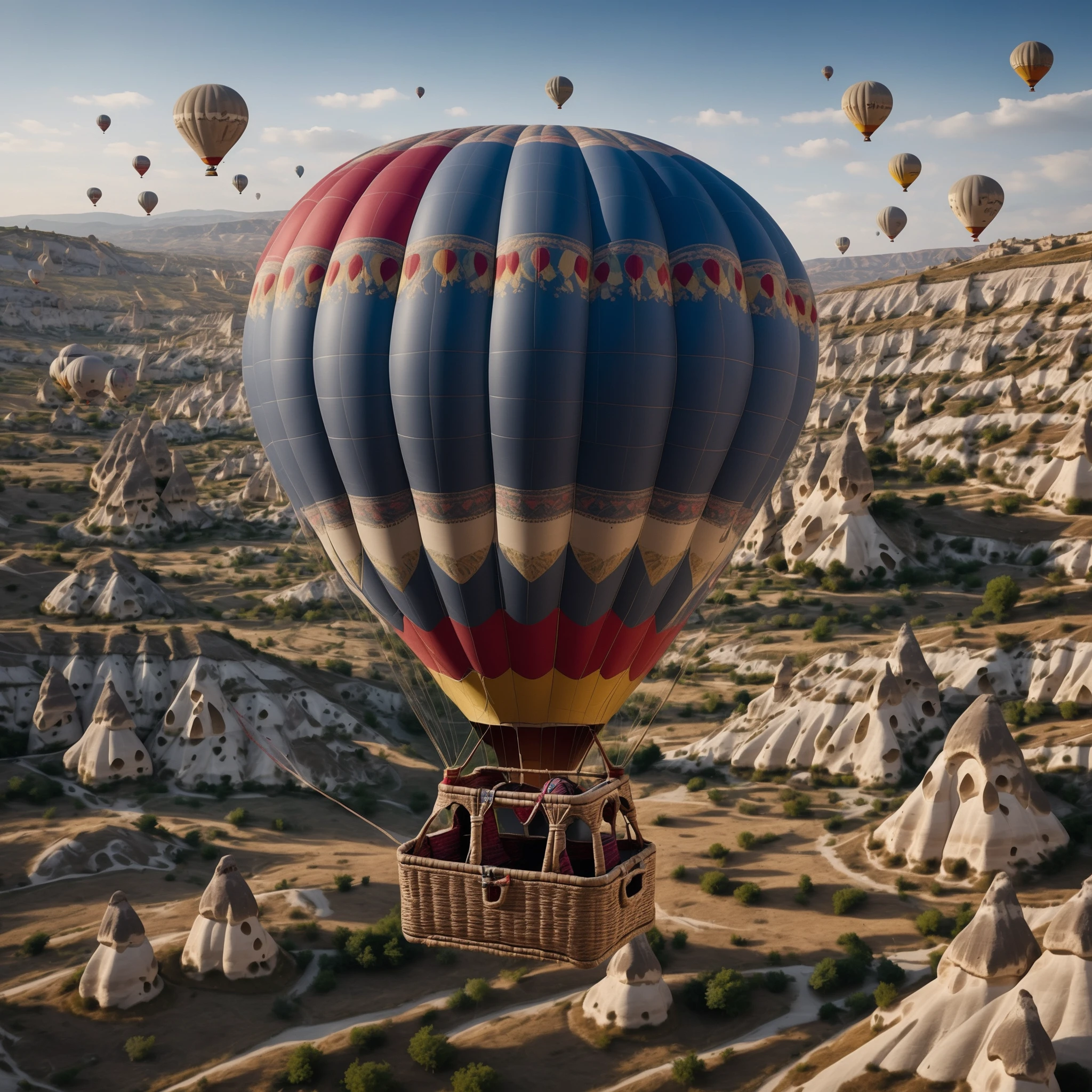 realistic image of a Cappadocia hot air balloon from 2024, with a highly detailed focus on the texture of the fabric, the ropes, and the basket.