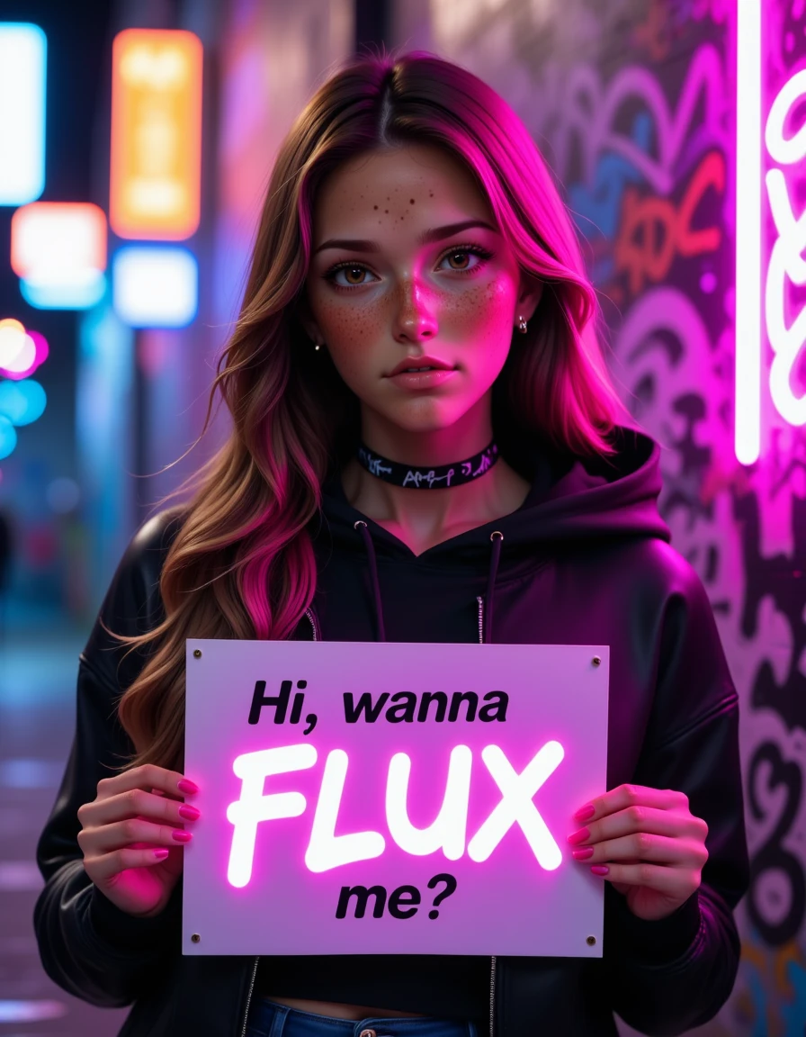 1woman is dllj02,soft freckles, long hair,graffiti street style, holding a sign with the words "Hi, wanna FLUX me?" <lora:FLUX_Dolleij02-000009:1>,infront a wall, neon light