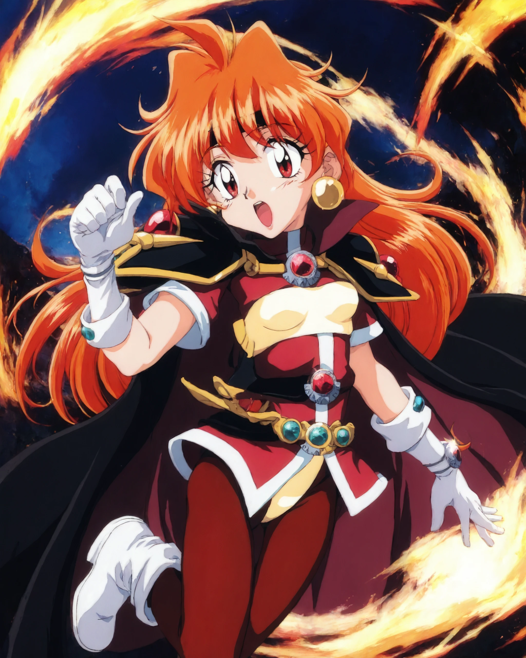 masterpiece, best quality, lina inverse, 1girl, retro artstyle, 1990s \(style\), open mouth, solo, long hair, small breasts, orange hair, red hair, red eyes, pantyhose, earrings, jewelry, boots, belt, white gloves, leotard, headband, gem, shoulder armor, pauldrons, black cape    <lora:LinaPony_v1.0:0.8> <lora:AIRLPONYv2.0:0.15> <lora:Crystal_Ogipote_v1.0PONY:0.15> <lora:AIRLPONYv3.0:0.15>