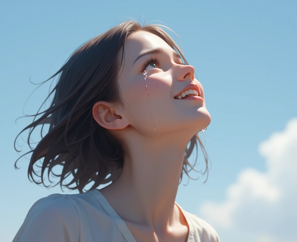 A girl is crying with tears. photorealistic,masterpiece, She is looking up and looking sky, and smiling, showing her profile.
<lora:crying_with_tears_flux_v2.safetensors:1>, 