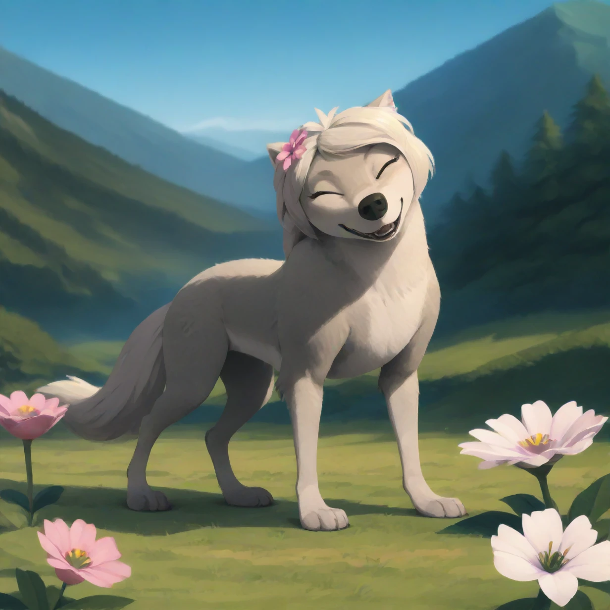 score_9_up, score_8_up, score_7_up, score_6_up, score_5_up, Lily, wolf, feral, flat color, simple art style, digital art, full body, looking back, closed eyes, open mouth, smile, grin, head tilt, flower in hair, outdoors, mountain 