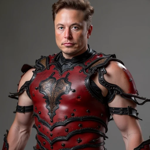 Elon Musk, 1boy, solo, armor, male focus, photo, arms up, upper body