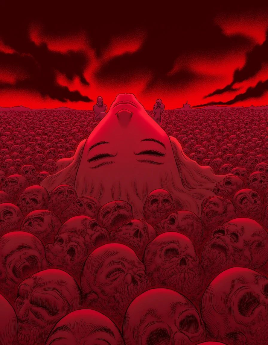 This image is a digital illustration with a dark, surrealistic style. It depicts a scene of a woman lying on a vast, desolate landscape filled with numerous human skulls. The woman's face is turned upwards, her eyes closed, and her expression is serene. Her skin is a pale pinkish hue, contrasting sharply with the dark, red-tinted surroundings. The woman's hair is long and flowing, blending into the reddish hues of the landscape.
The background is dominated by a deep red color, creating a sense of foreboding and mystery. The sky is a deep, blood-red with swirling, abstract patterns, giving the impression of a fiery, apocalyptic scene. The ground is covered in a dense layer of skulls, creating a macabre, almost surreal texture. The skulls are drawn in fine, detailed lines, emphasizing their skeletal structure and adding to the eerie atmosphere.
In the foreground, a few small, humanoid figures can be seen, their silhouettes barely visible against the dark landscape, adding to the sense of isolation and despair. The overall composition and color palette evoke a sense of horror and desolation, making the image both visually striking and emotionally impactful.
 <lora:BerserkLoraFlux:1> b3rs3rk