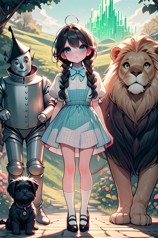 ((wizard of oz)), ((tin man)), (the scarecrow), [[black toto]], [cowardly lion], dorothy gale, cute, bow, choker, white shirt, blue dress, yellow brick road, emerald city in distance, flower, under tree, facing viewer, from side, <lora:girllikewizardofoz:1>