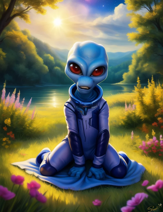 <lora:CryptoAlienSpYif:1> CryptoAlienSp, alien, Red sclera, red eyes, chibi, space suit,  solo focus,
Looks at the viewer,  (all fours, cowgirl position,)  
[ the sun is shining, (glade,) forest, grass, stars, lake, day,  clouds, flowers, blanket, blue pillows, cosmos,]
(beautiful, aesthetic, perfect, delicate, intricate, saturated colors), masterpiece, digital drawing, best quality,
[by personalami], by smitty g, [[[by Foxovh]]], [[by Ross Tran]]