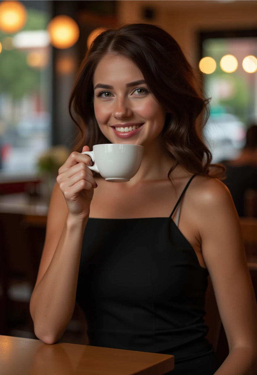 niemira, petite, wearing a black dress, sitting in a cafe drinking an espresso. looking at the viewer smiling, happy