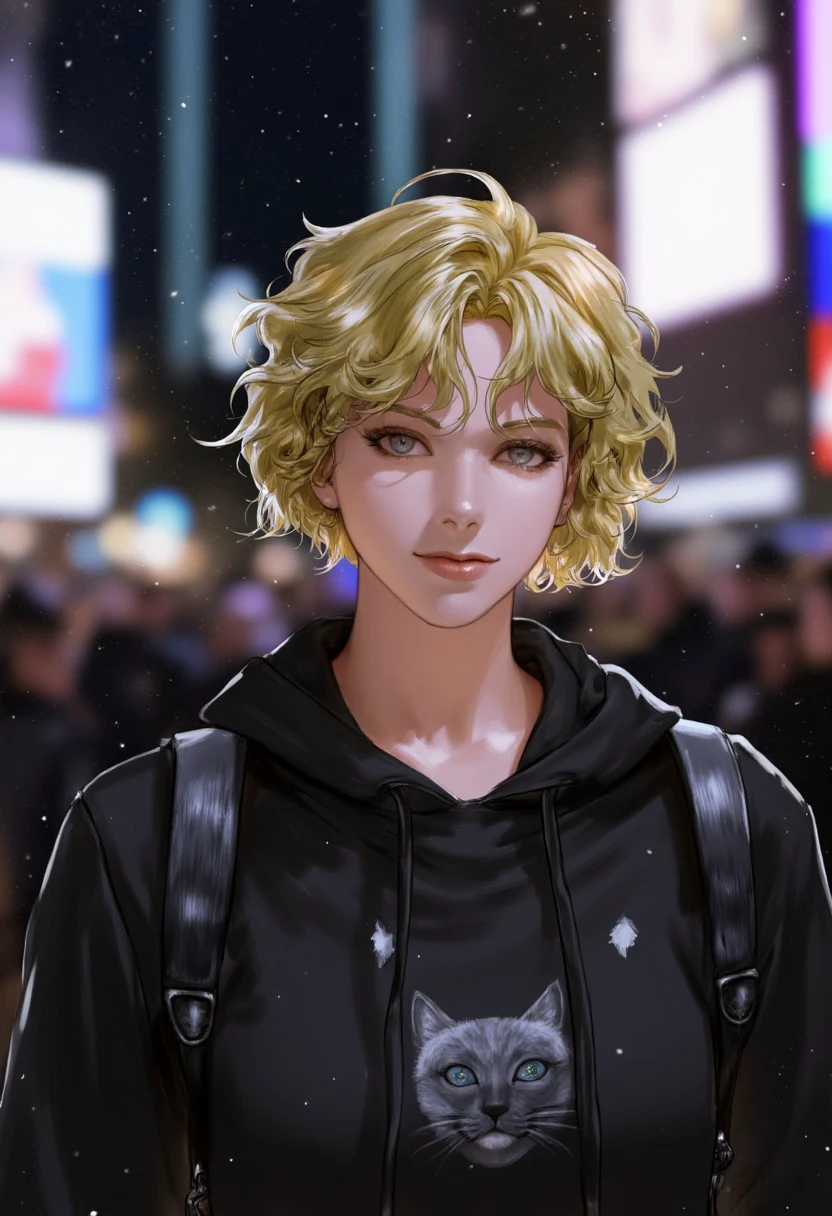 Pilyeon \(Artist\), 필연 \(예술가\), diffitud666 \(Artist\), @vlfdus__0, @pilyeon_00, 1 woman with short blonde curly hair, black hoodie with a minimalistic cat design on the front, wearing with eyeliner, background is a street view of Newyork times square at night, neon signs in the background, it is snowing