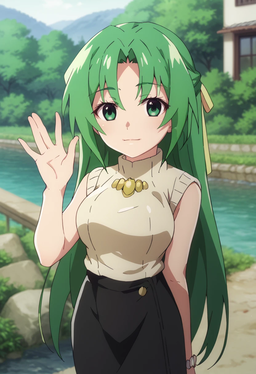 score_9, score_7_up, 1girl,    <lora:Higurashi GOU-000045:1>   <lora:Shion renew :1> shi, green hair, long hair, green eyes, hair ribbon, white turtleneck sweater, black pencil skirt, brooch, sleeveless,  looking at viewer,  outdoors, waving,